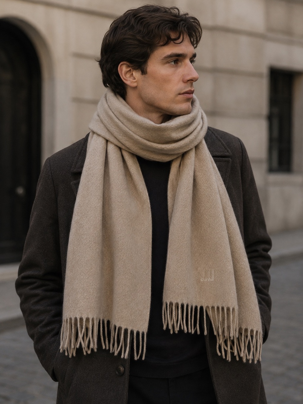 Dunhill London Neutral Beige Fringed Scarf 100% Cashmere Luxury Winter Wrap